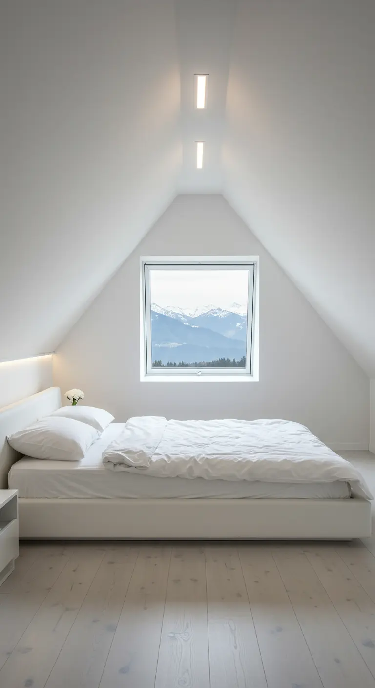 Spatwitte minimalistische zolderslaapkamer met raam dat uitkijkt op besneeuwde bergen.