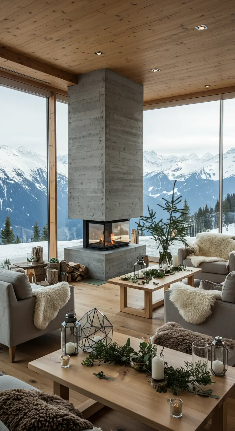 Loungehoek in een luxe berglodge met open haard, vachtkleden en uitzicht op besneeuwde bergen