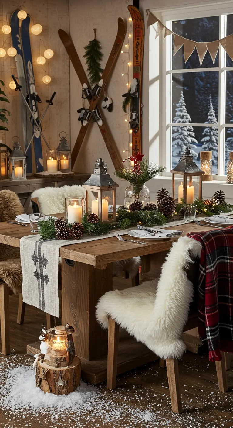 Gezellige après-ski chalet setting met houten tafel, schapenvachtjes, lantaarns en dennentakken.
