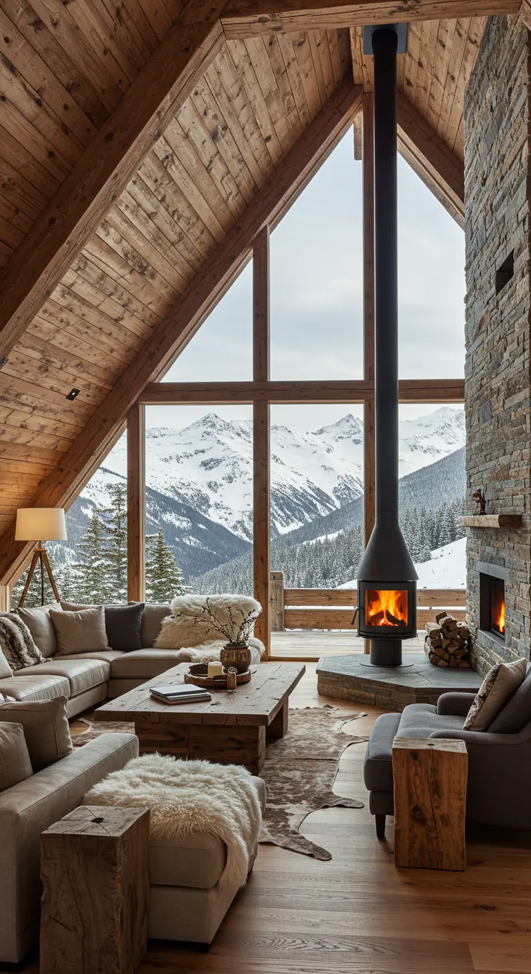 Houtkachel in een rustieke houten chalet-woonkamer met uitzicht op besneeuwde bergen.
