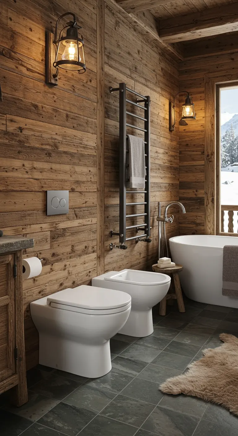 Badkamer in chaletstijl met houten wanden, witte hangtoiletten en schapenvacht.