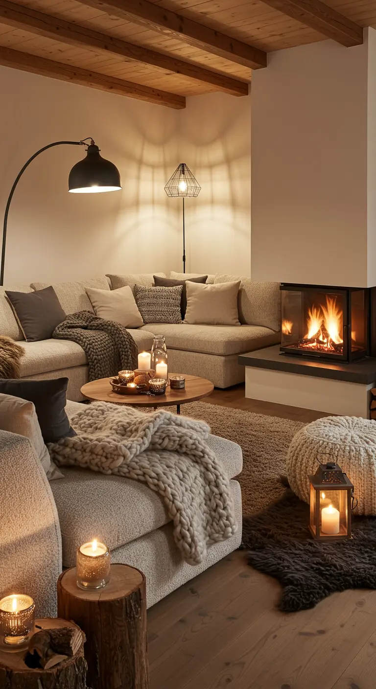 Lichte hoekbank bij een moderne haard, met gebreide plaids, poef en houten accenten.