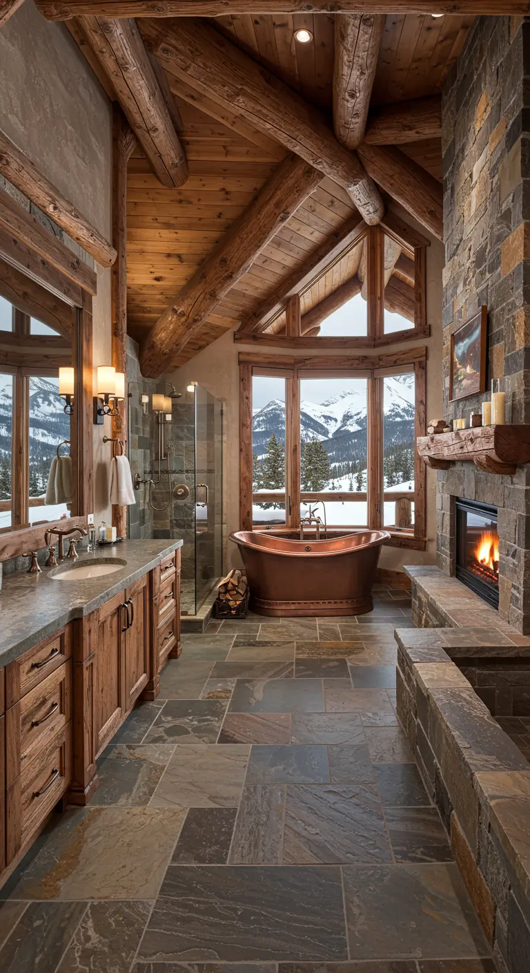 Rustieke badkamer in chaletstijl met houten balken, natuurstenen muren, koperen bad en open haard.