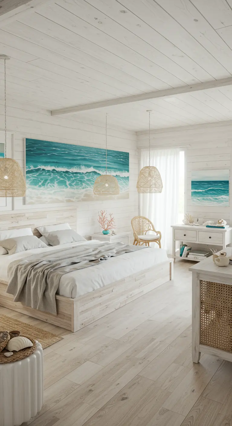 Strandhuis slaapkamer in wit en aquablauw met houten panelen en zeegezichten.