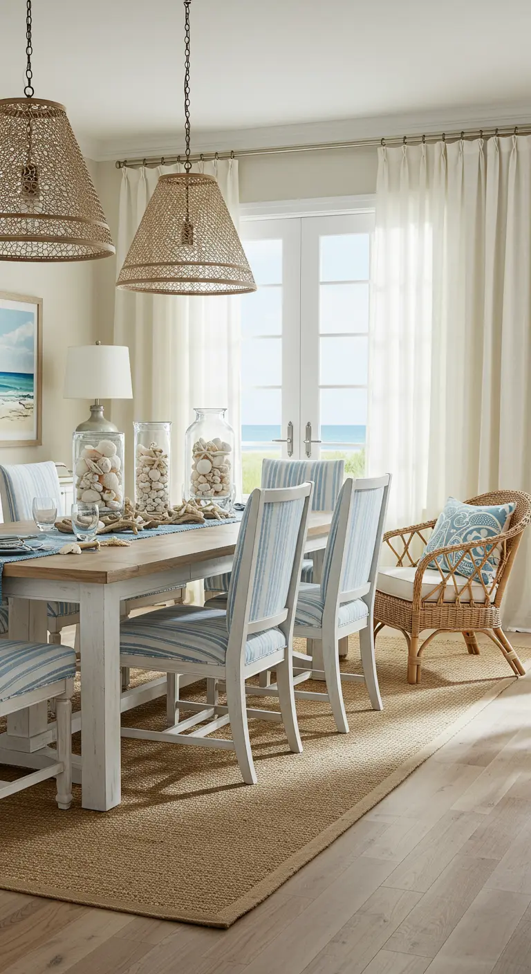 Kuststijl eethoek met blauw-wit gestreepte stoelen, rieten lampen en schelpendecoratie.