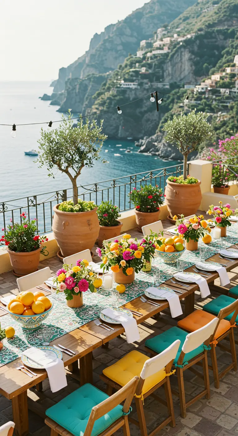Terrasdecoratie in Italiaanse stijl met kleurrijke bloemen, citroenen en uitzicht op zee.