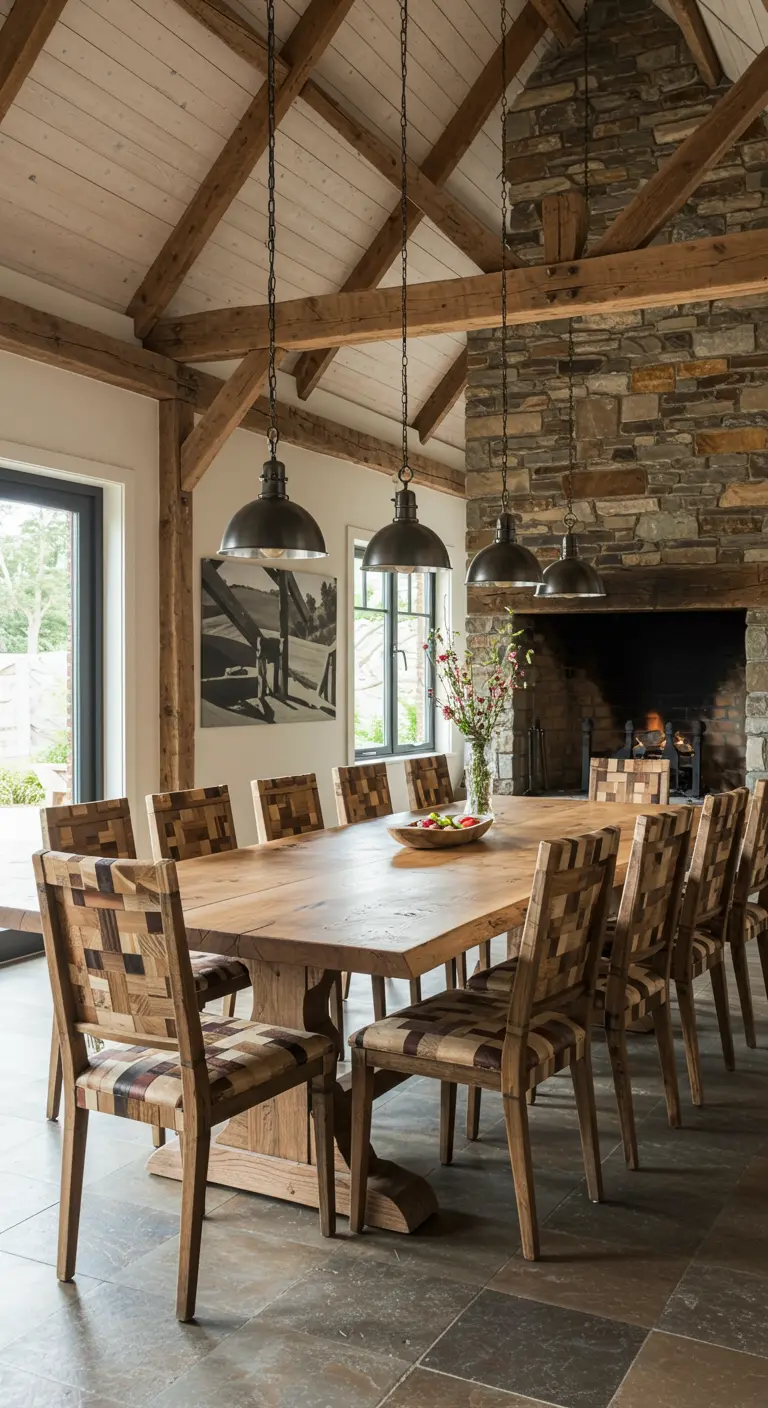 Rustieke eetkamer met patchwork houten stoelen, stenen open haard en houten balken.