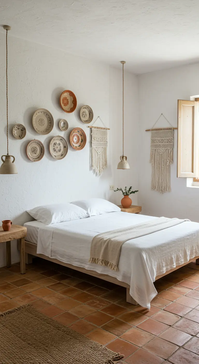 Slaapkamer met handgemaakte borden en macramé wandhangers, houten bed en terracotta vloer.