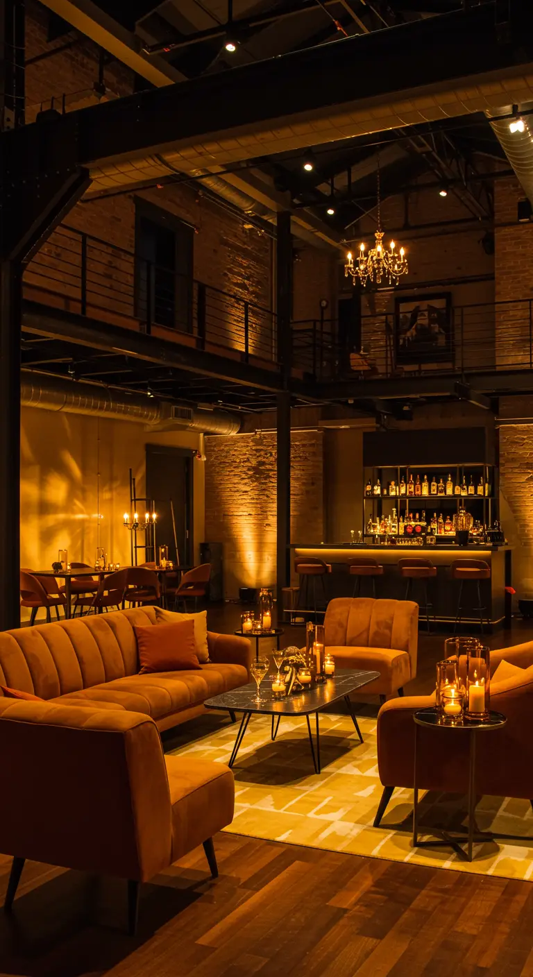 Industriële lounge met oranje fluwelen banken, bakstenen muren en sfeerverlichting.