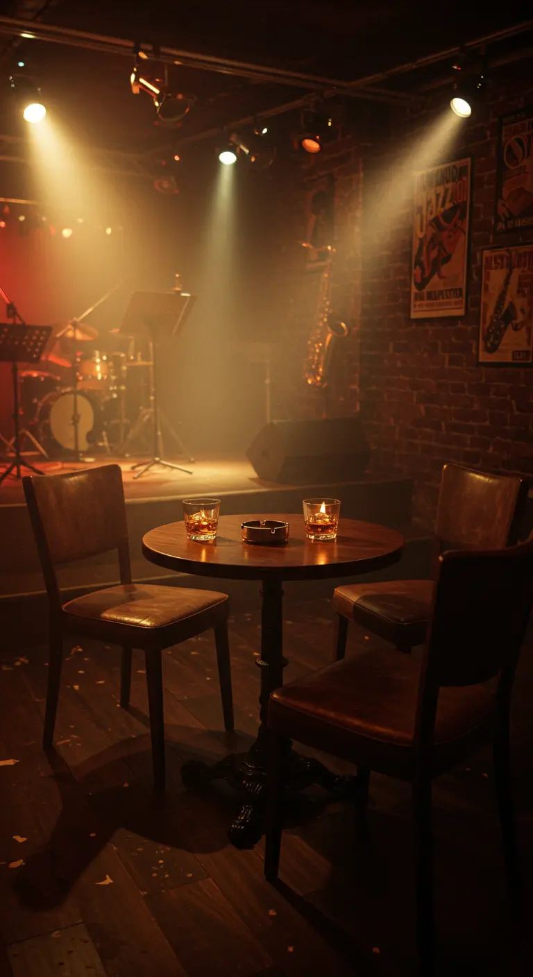 Donkere jazzclub setting met ronde tafel, stoelen en whiskyglazen onder spotlights.