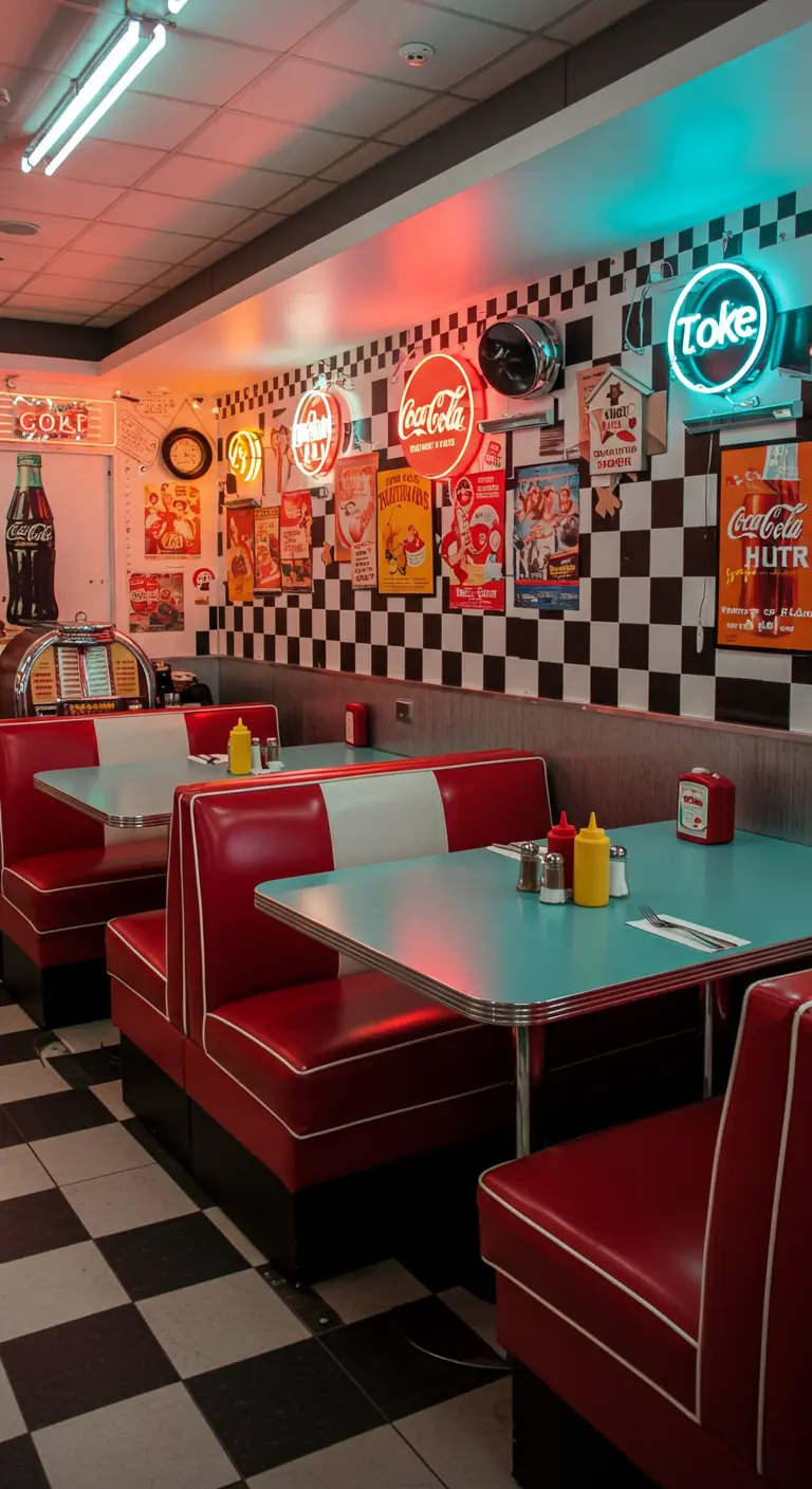Klassieke Amerikaanse diner setting met rode booths, geblokte vloer en neonverlichting.