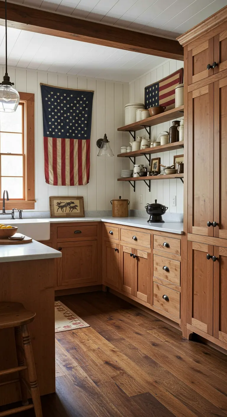 Amerikaans landelijke keuken met houten kasten, witte shiplap muren, open planken en Amerikaanse vlaggen als decoratie.