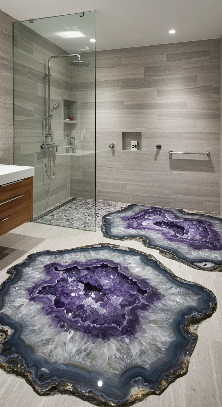 Douchevloer met een 3D epoxy afbeelding van grote, opengesneden amethist geodes.