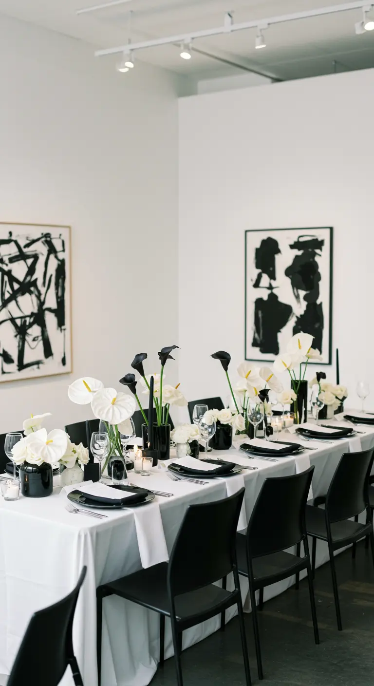 Moderne zwart-wit tafelsetting met anthuriums, calla lelies en abstracte kunst.