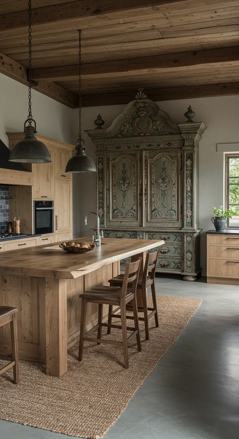 Grote rustieke keuken met een antiek, groen en goud beschilderd dressoir als blikvanger, naast een houten kookeiland.
