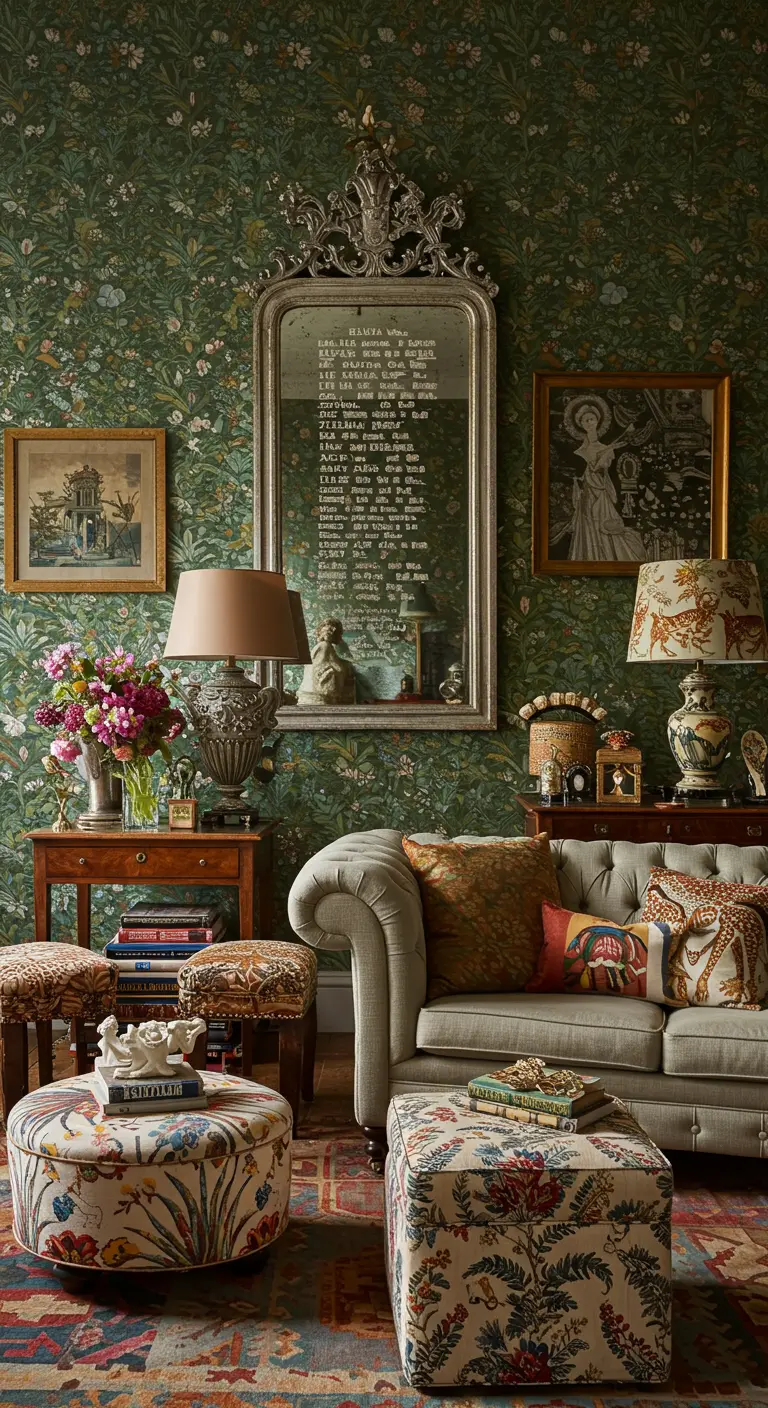 Hoge antieke spiegel met een zilverkleurige, sierlijke lijst tegen een muur met groen bloemenbehang.