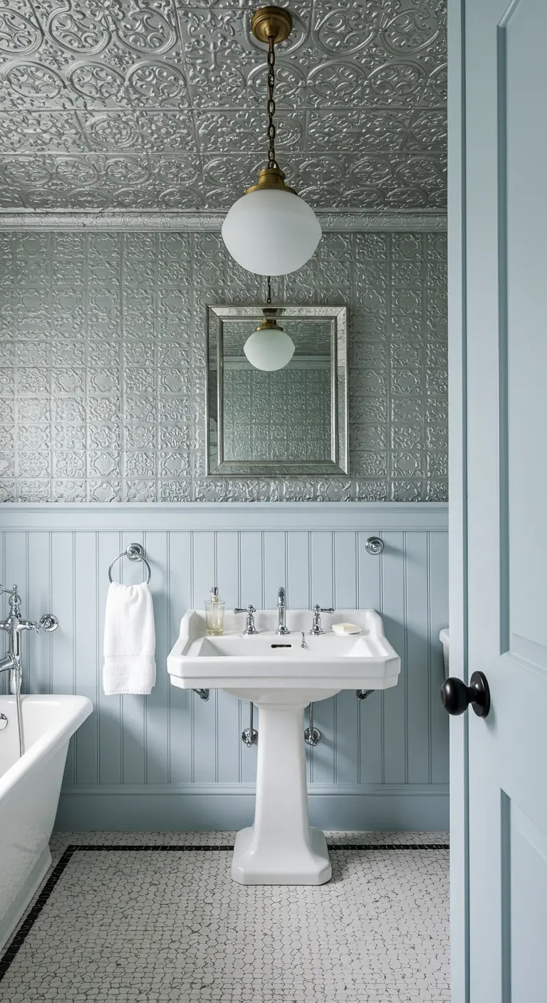 Badkamer met lichtblauw interieur en antieke zilveren sierplaten op het plafond.