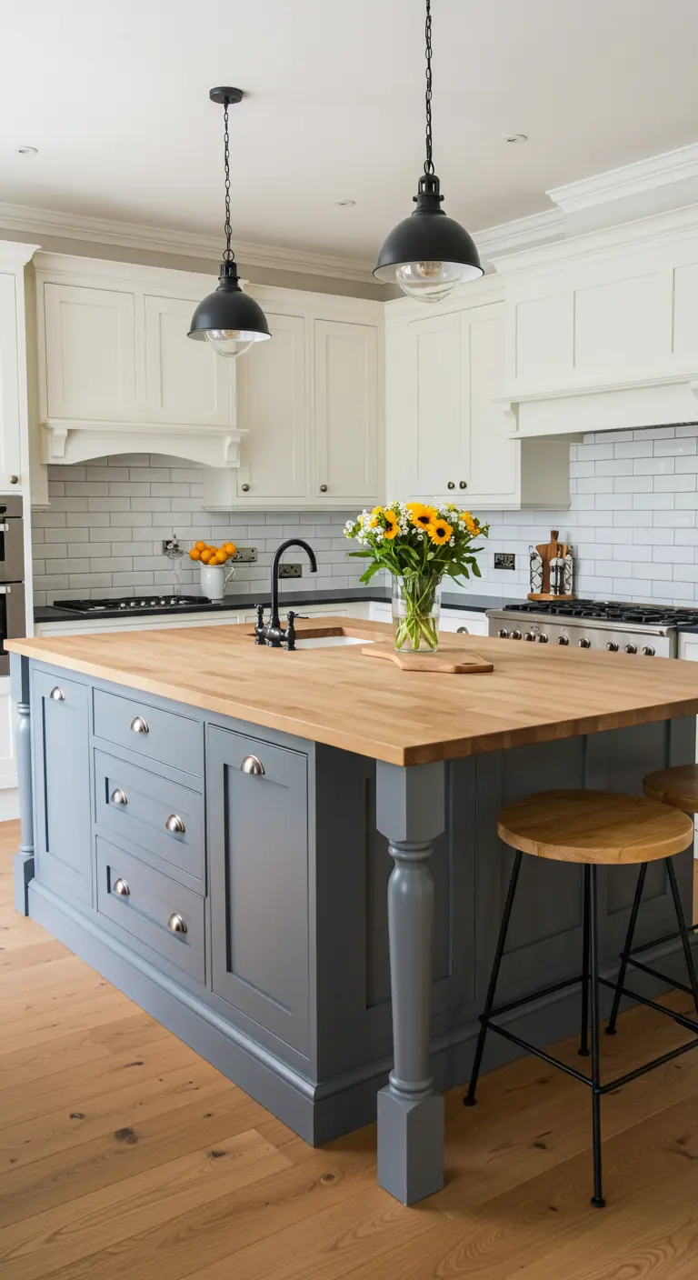 Moderne landelijke keuken met antracietgrijs kookeiland, houten werkblad en witte kasten.