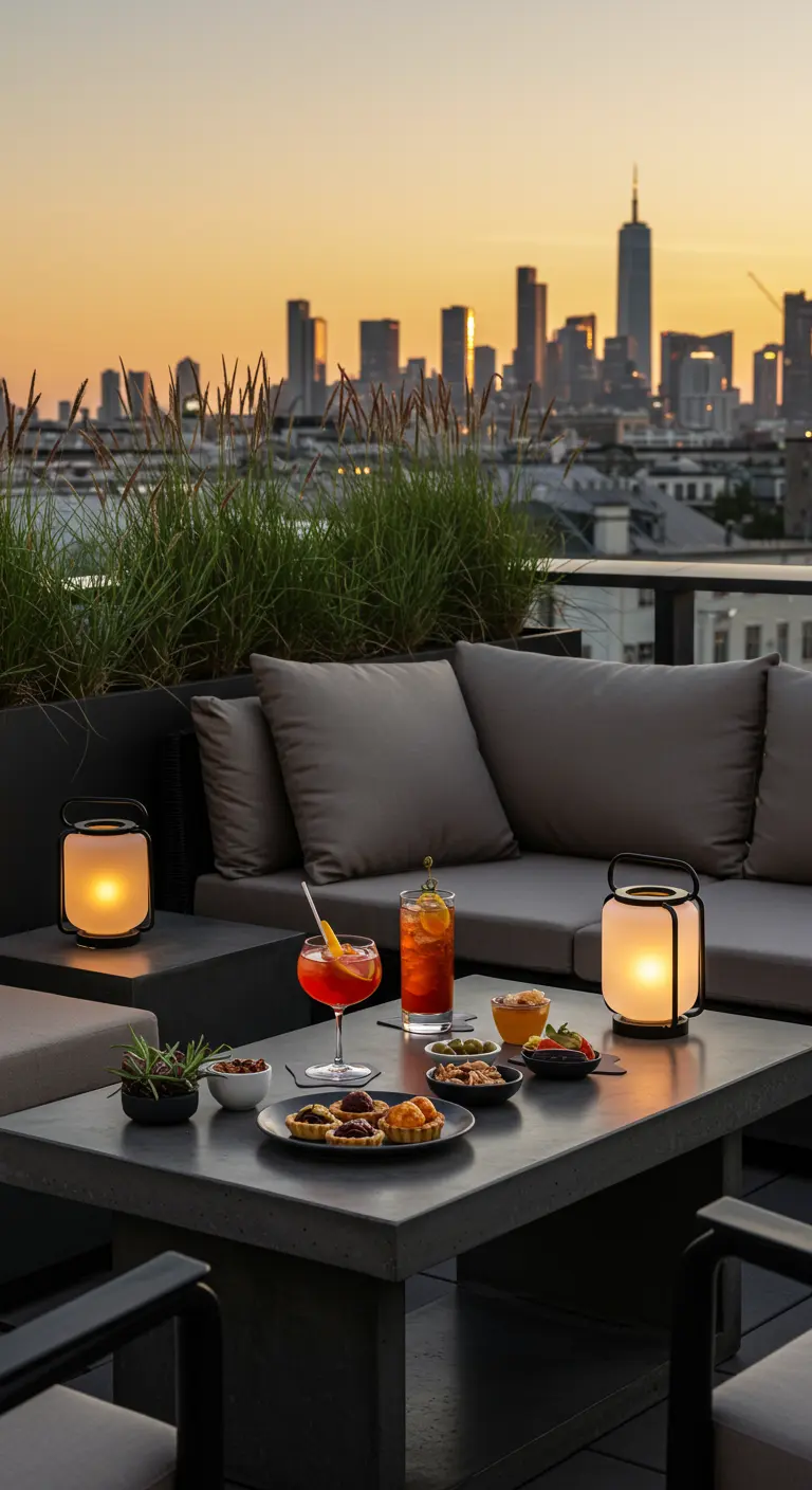Moderne rooftop bar setting met lantaarns, cocktails en uitzicht op de stad.