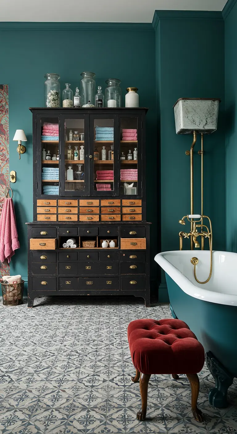 Vintage zwarte apothekerskast met glazen deuren en vele lades in een donkergroene badkamer.