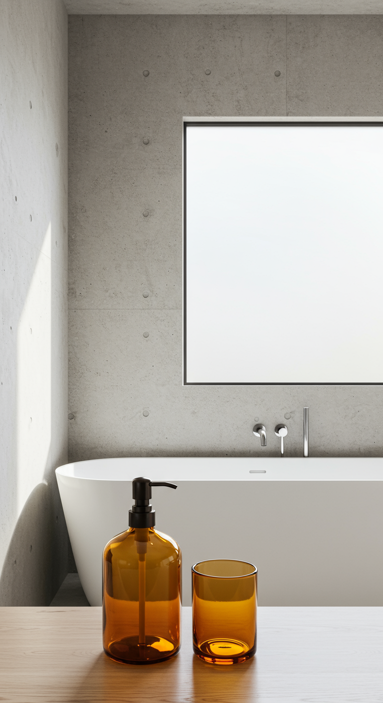Amberkleurige glazen zeepdispenser en drinkglas op houten plank in badkamer.