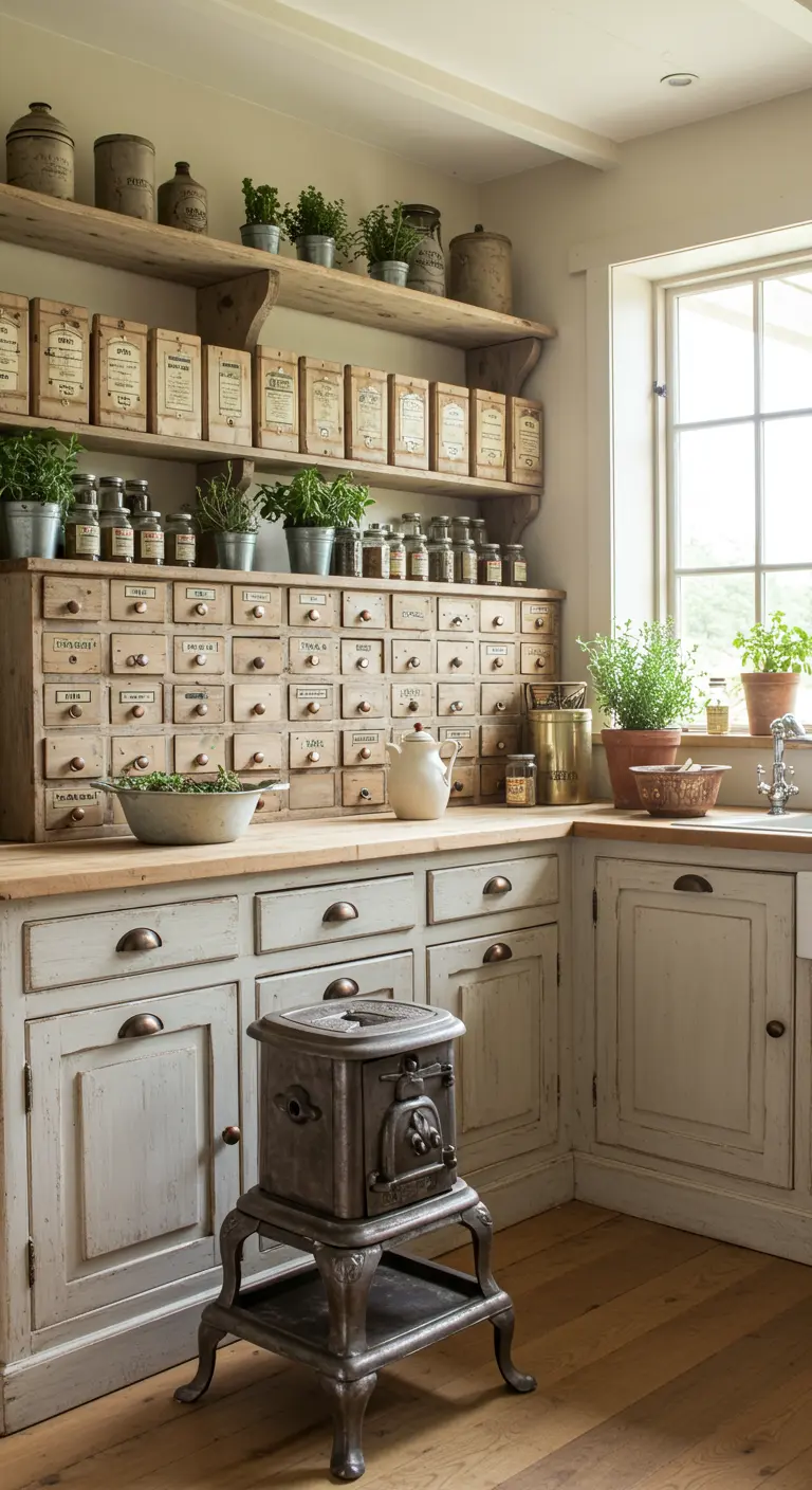 Rustieke keuken met een lage apothekerskast, open houten planken vol kruidenpotten en een klein gietijzeren kacheltje.