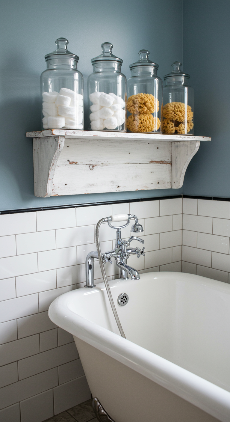 Glazen apothekerspotten met watjes en sponzen op een witte houten plank boven bad.