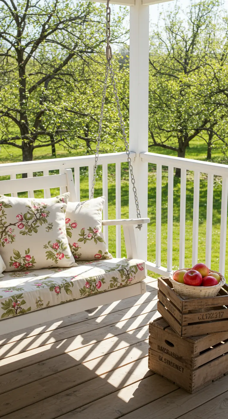 Witte schommelbank met bloemenkussens, houten fruitkistjes met appels, appelboomgaard op achtergrond.