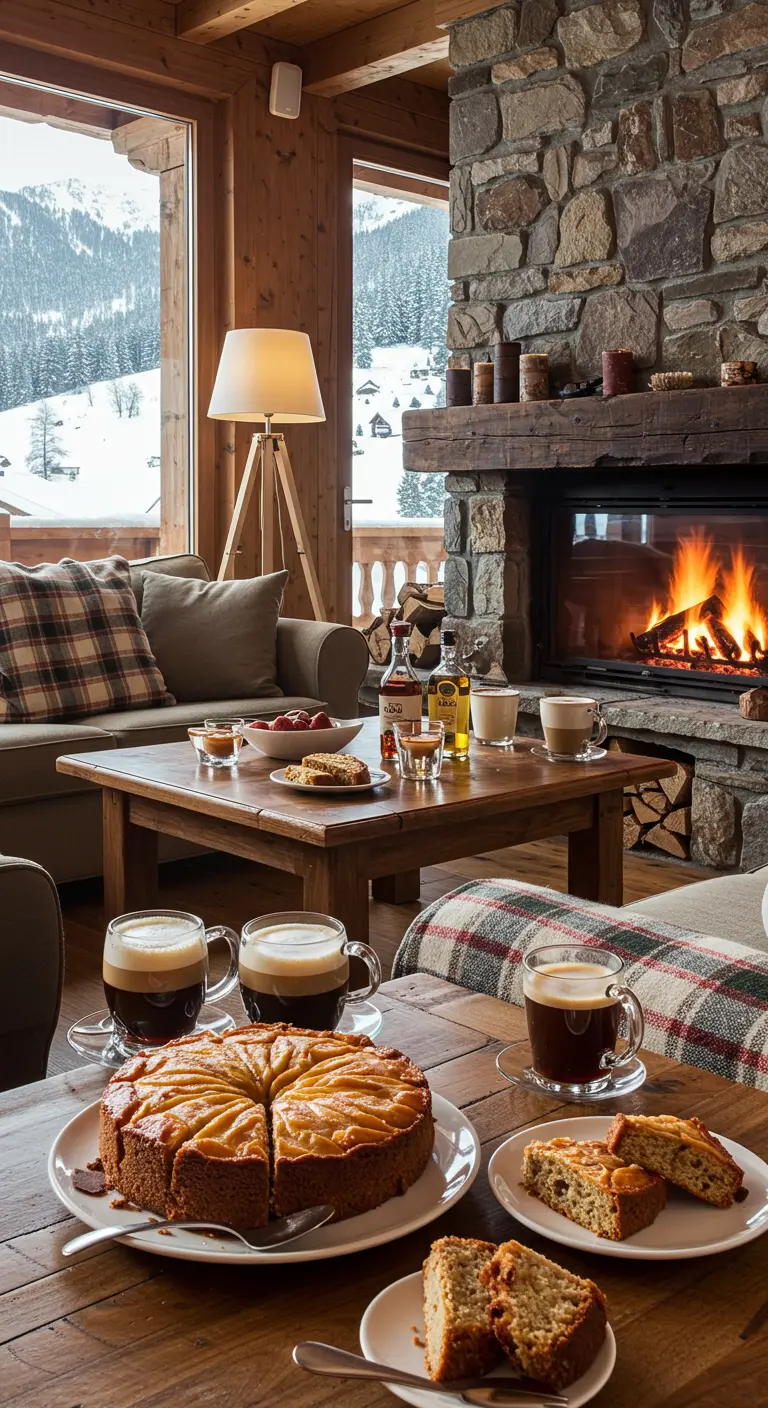Chalet woonkamer met open haard, koffie, appeltaart en uitzicht op sneeuw.