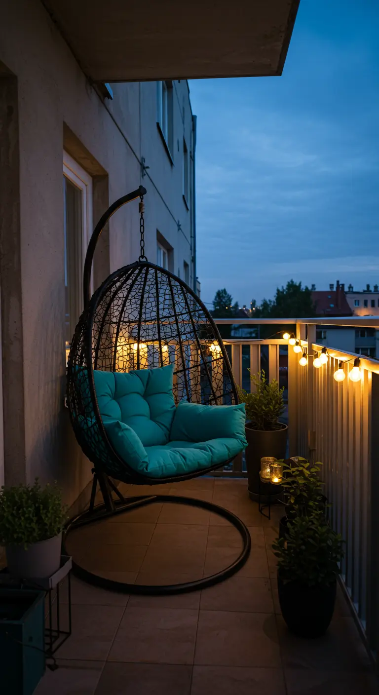 Zwarte eivormige hangstoel met turquoise kussen op balkon bij schemering, sfeerverlichting.