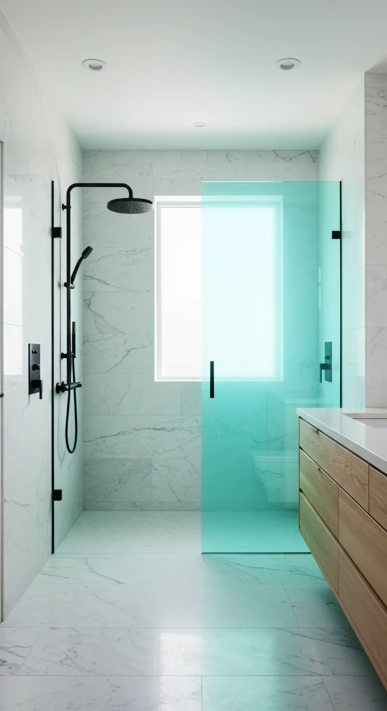 Moderne badkamer met marmer en een turkoois glazen douchewand.