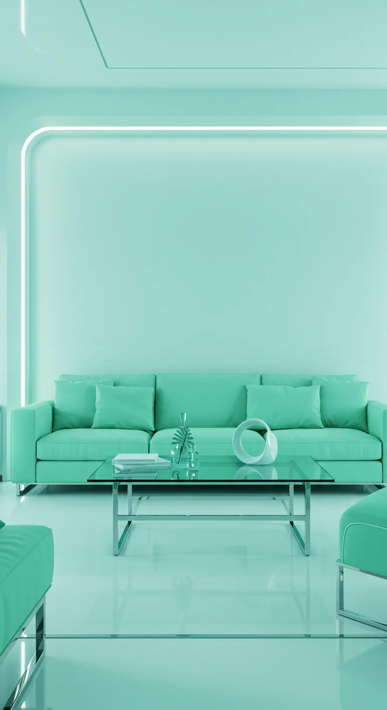 Futuristische woonkamer volledig in heldere aqua en mintgroene tinten met LED-verlichting.