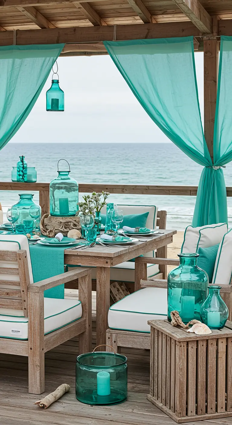 Aqua-thema buitentafel met uitzicht op zee, glazen en textiel.