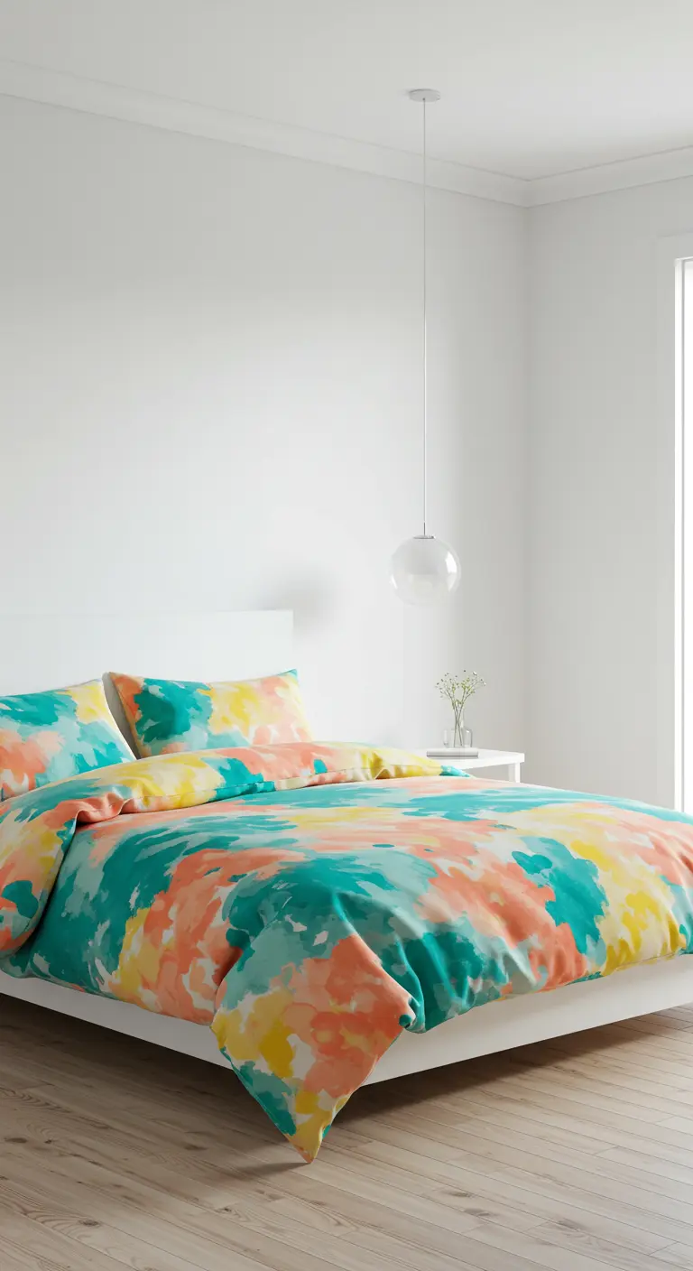Wit bed met kleurrijk aquarel tie-dye dekbedovertrek in een minimalistische witte slaapkamer.