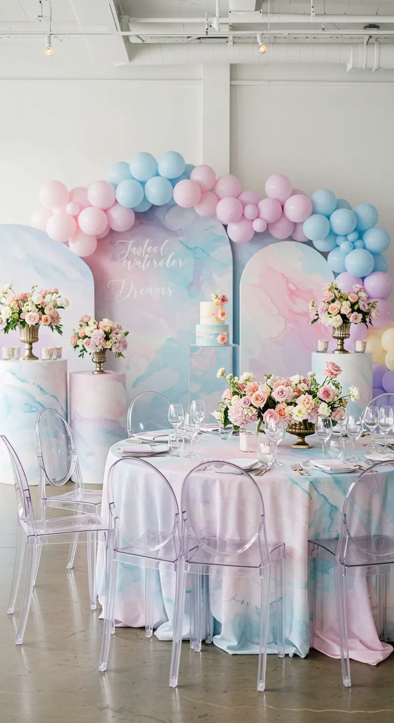 Babyshower met aquarel achtergrond, pastel ballonnen en transparante stoelen.