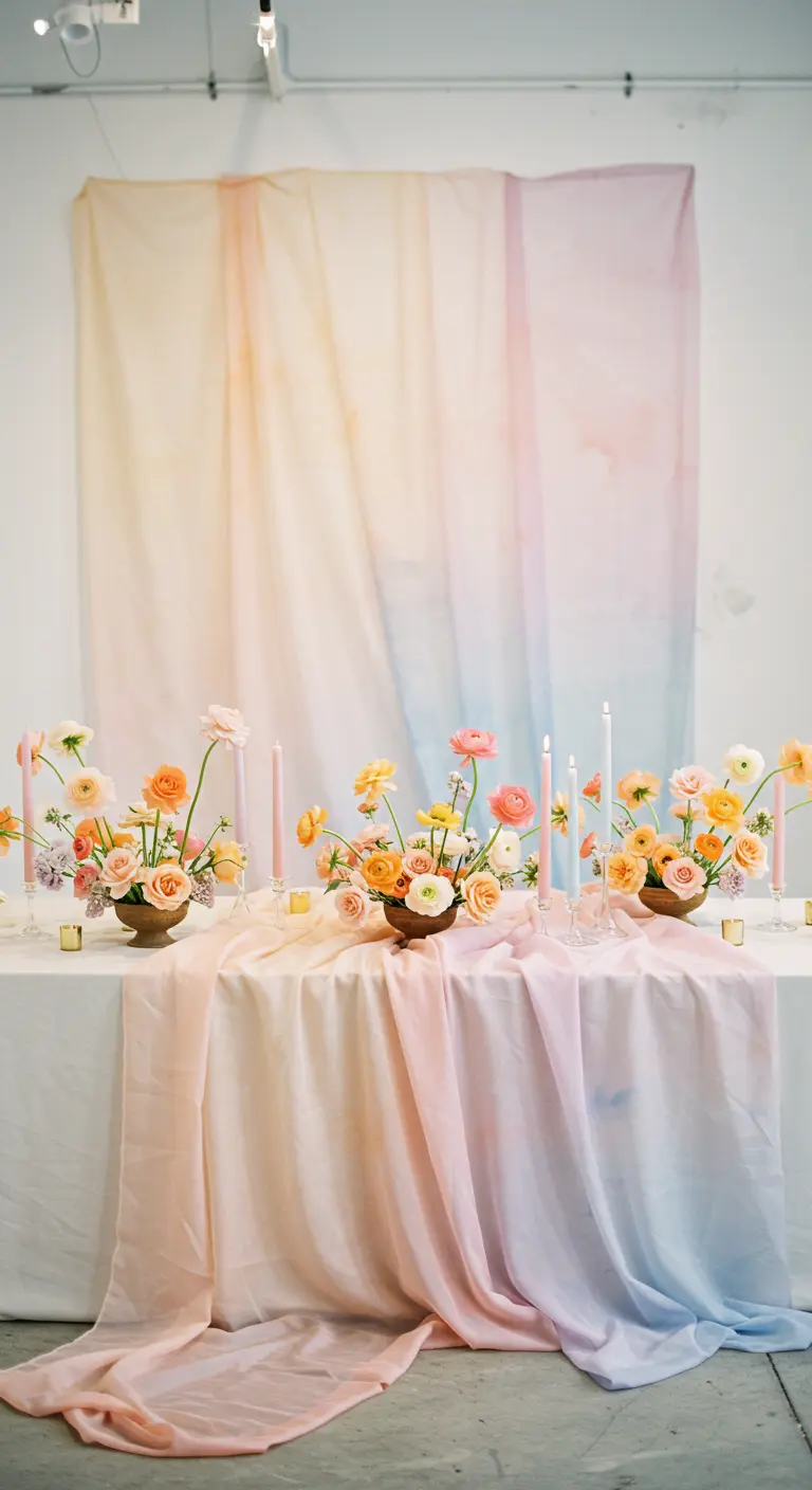 Tafel met bloemen en kaarsen voor een dip-dye backdrop in pastel regenboogkleuren.