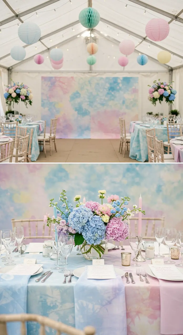 Bruiloftsreceptie met pastel aquarel backdrop, pastelkleurige lampionnen en bloemen.