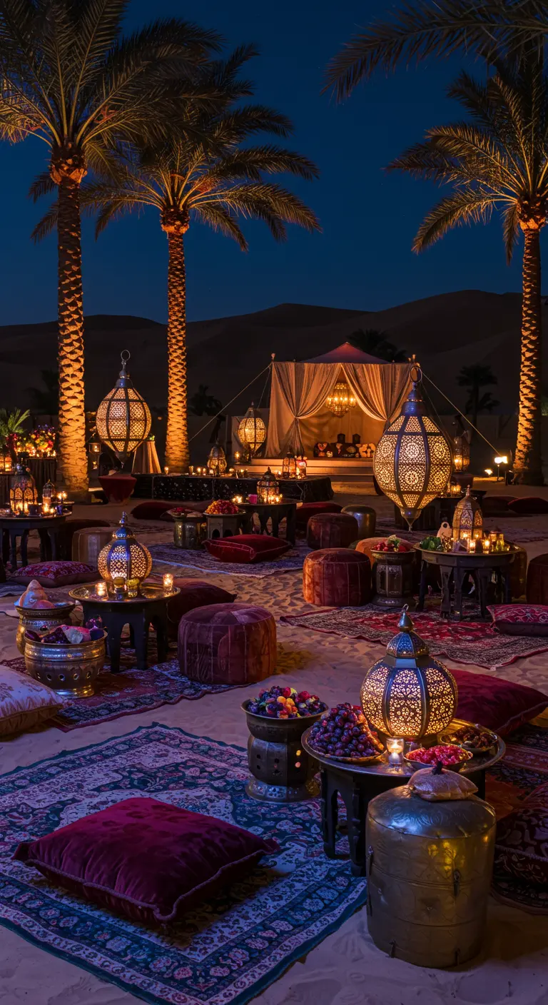 Luxe Arabische lounge in de woestijn met Marokkaanse lantaarns, kussens en tapijten.