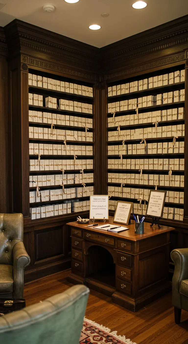 Gastenboekhoek als 'archief' met bureau en wand met gelabelde doosjes.