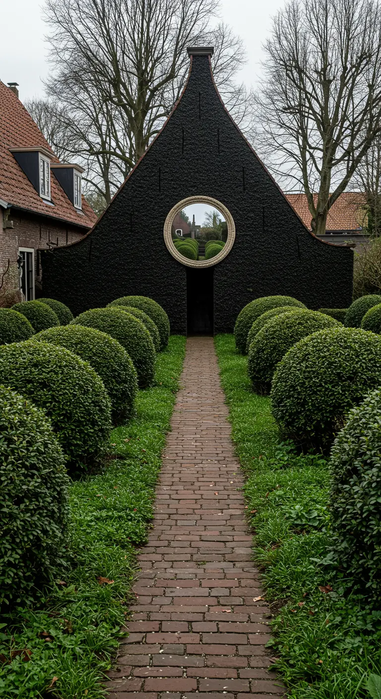 Ronde spiegel in een zwart bijgebouw, aan het einde van een pad met buxusbollen.