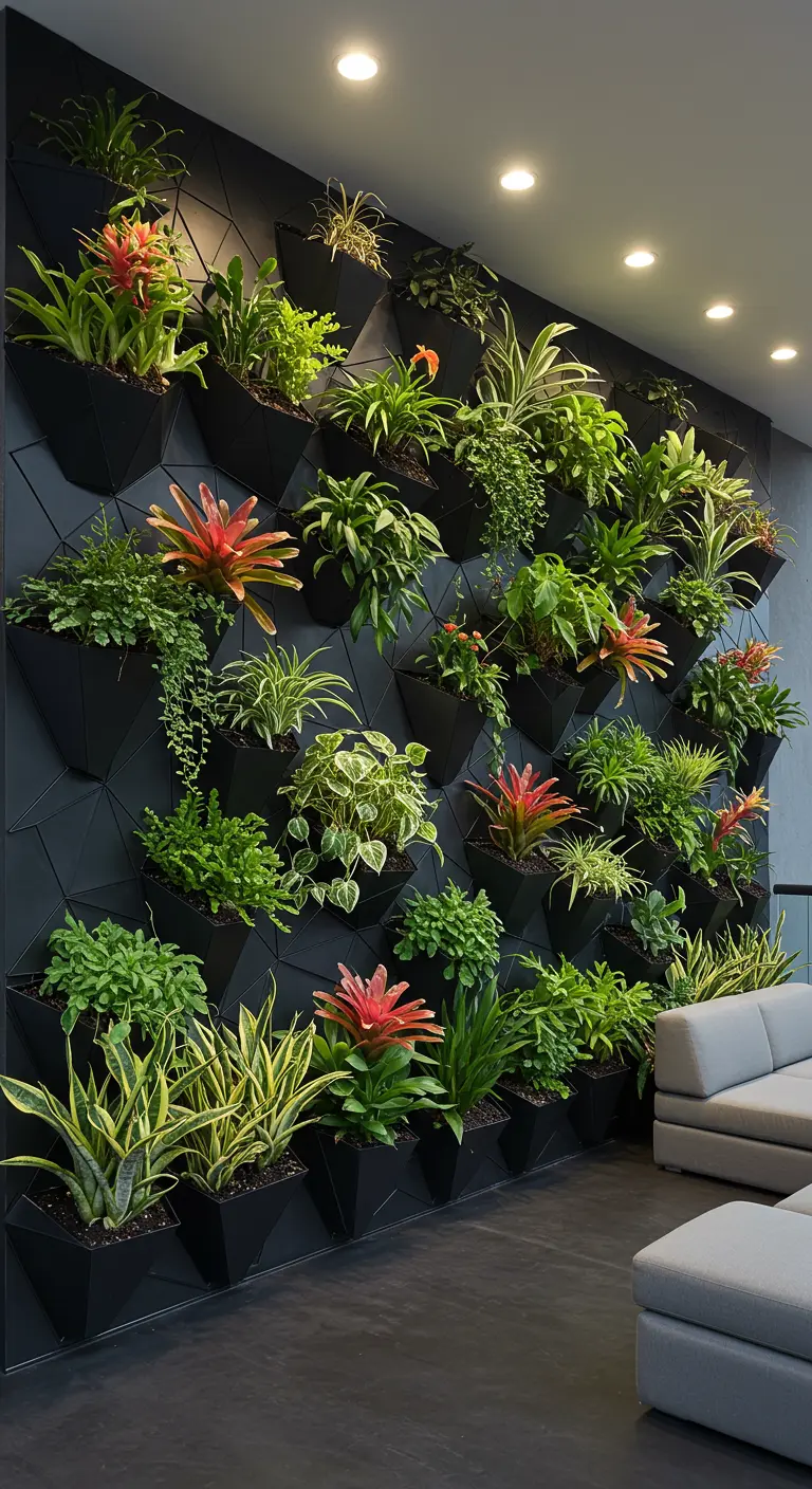 Zwarte verticale tuin met geometrische plantenbakken en diverse tropische planten in een moderne setting.