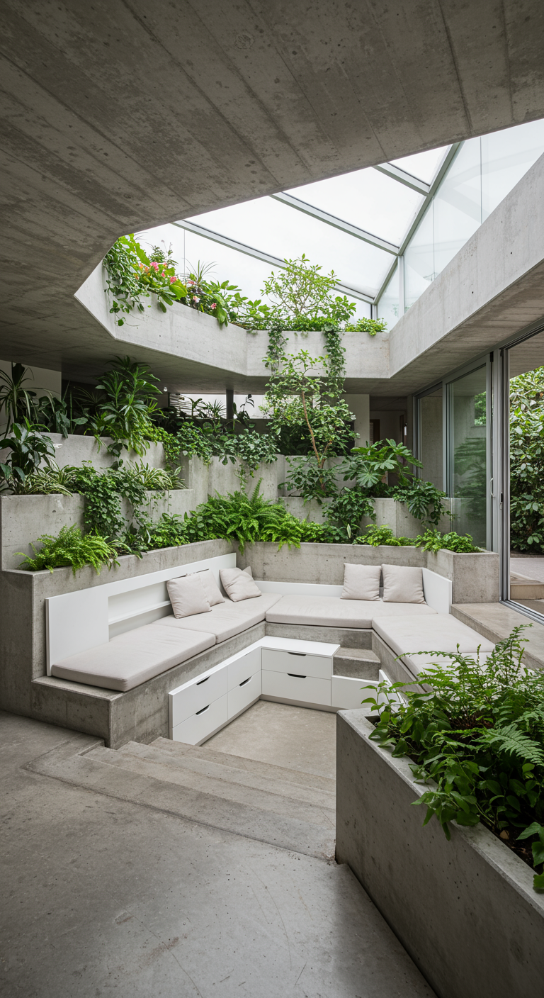 Moderne betonnen zithoek met geïntegreerde plantenbakken vol groen.