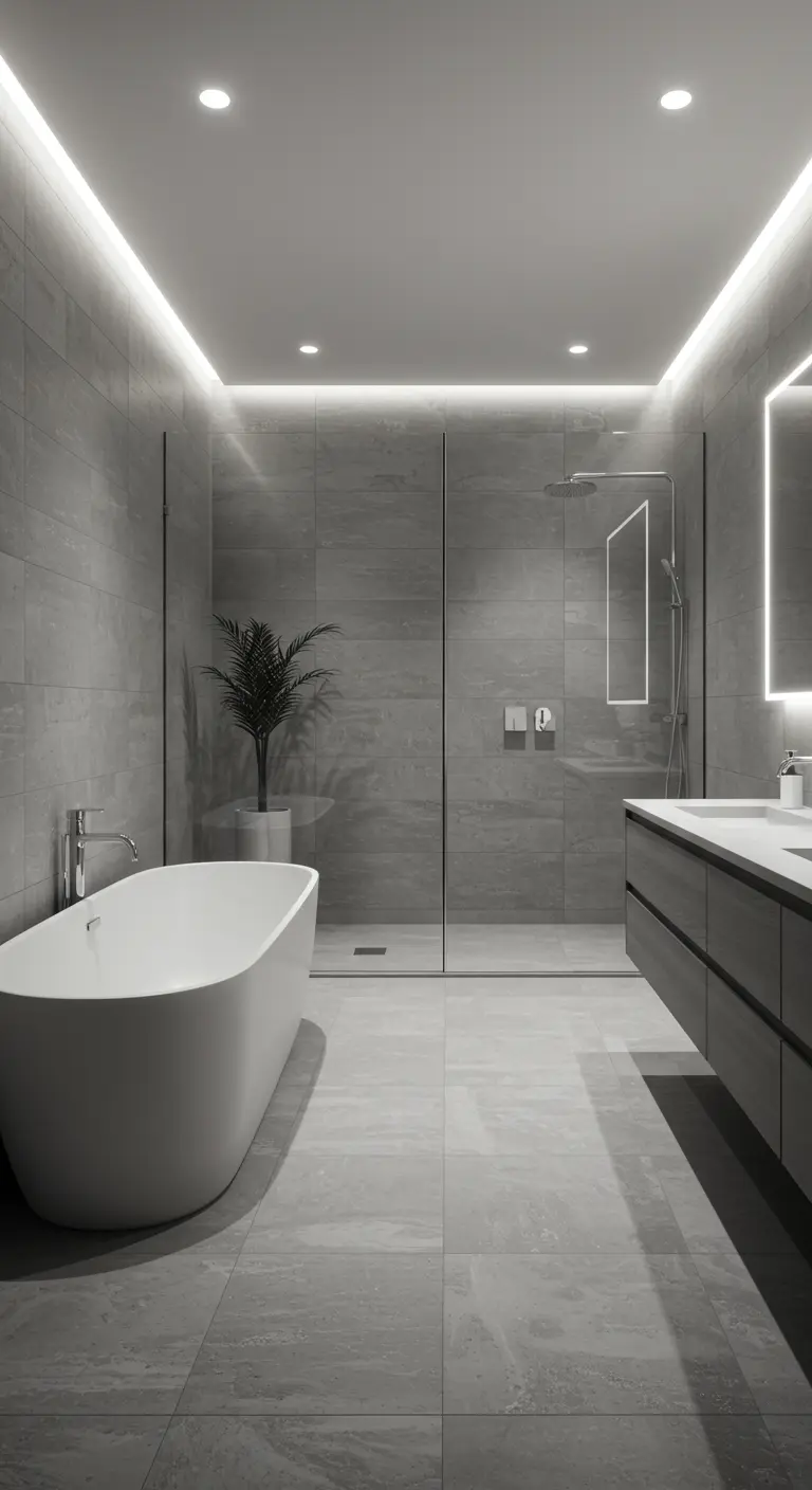 Moderne grijze badkamer met grote tegels, indirecte LED-verlichting en strak wit vrijstaand bad.