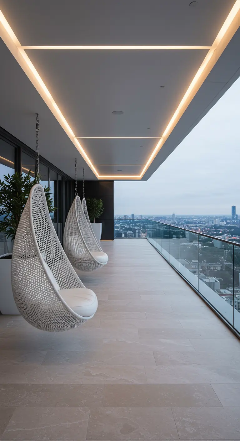 Groot modern balkon met twee witte hangstoelen en opvallende lineaire plafondverlichting.