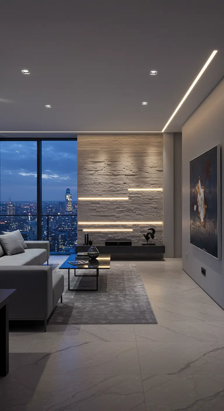Moderne woonkamer 's avonds met LED-stripverlichting achter een stenen accentwand boven de tv.