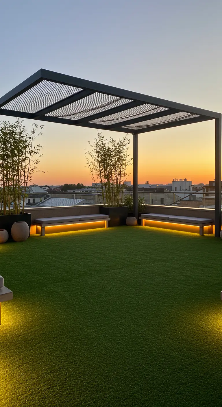 Strakke daktuin met metalen pergola, kunstgras, verlichte zitbanken en bamboeplanten.