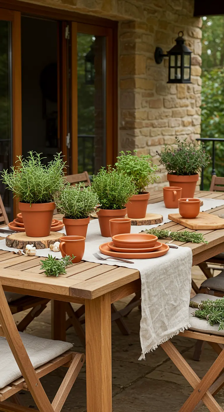 Houten buitentafel met linnen loper, gedecoreerd met terracotta potten vol verse kruiden.