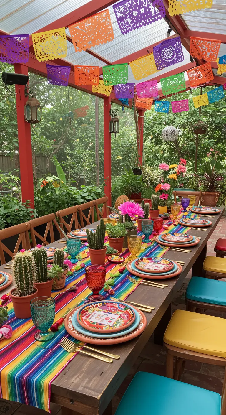 Mexicaanse fiësta brunchtafel met kleurrijke slingers, cactussen en gestreept tafelkleed.