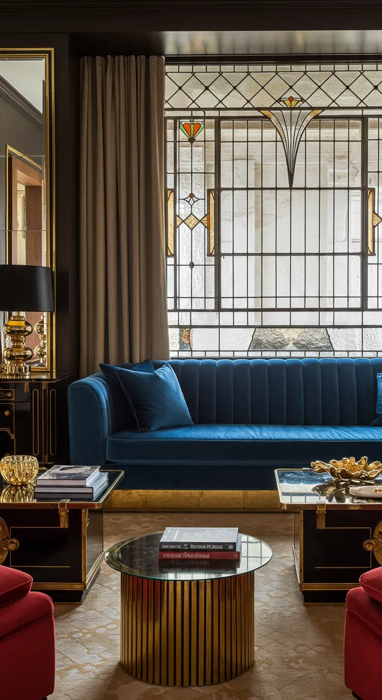 Diepblauwe fluwelen bank voor glas-in-lood raam, Art Deco stijl met gouden accenten.