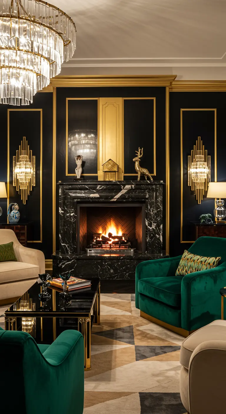 Art Deco woonkamer met zwart marmeren haard, gouden details en groene fluwelen stoelen.